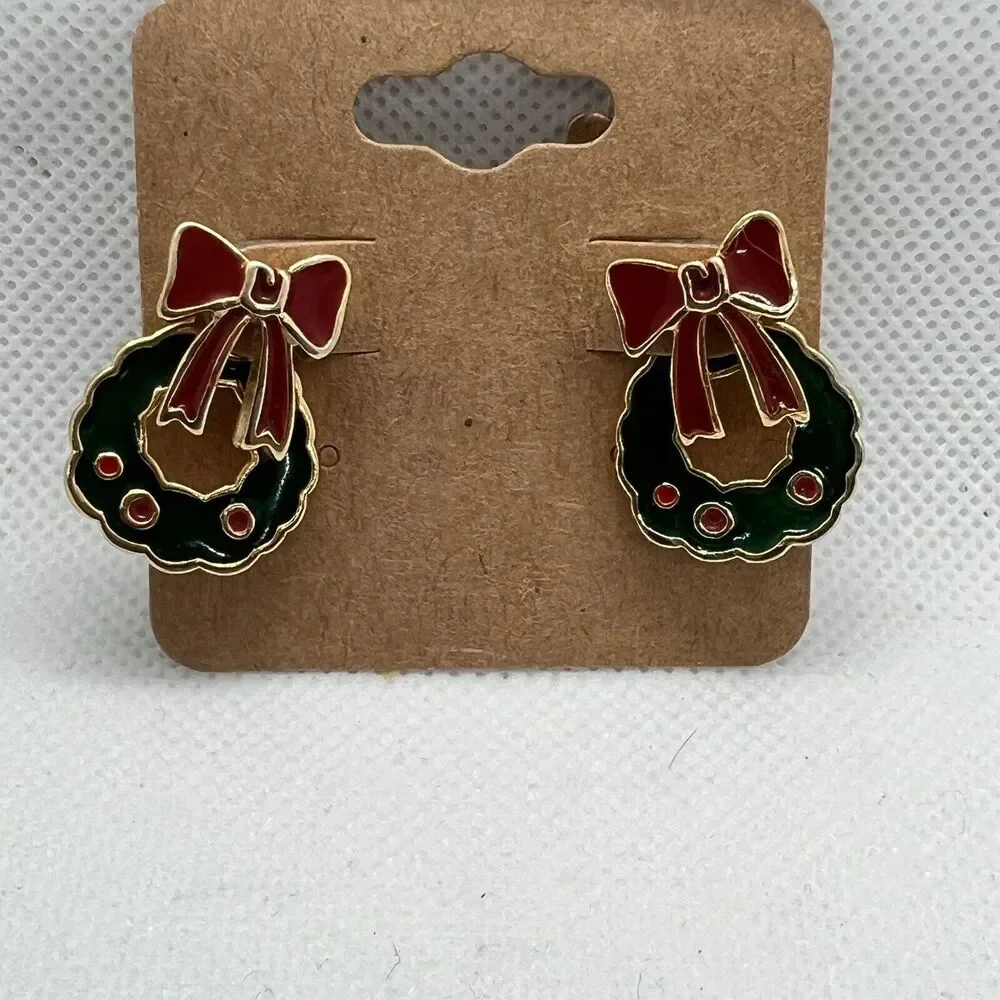 Vintage Christmas Wreath Front Back Jacket Earrings Enamel Bow Holiday